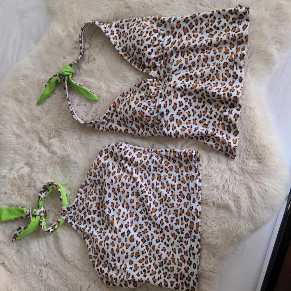 Rebel Beach lime Green & Leopard Print Halter Tankini & Bikini Top Set – Size M